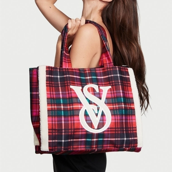 Victoria's Secret Handbags - Victorias Secret Red Plaid Holiday Large Tote Bag Christmas